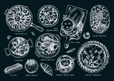 French cuisine dishes vintage drawings on chalkboard. Traditional food from France sketches set. French restaurant menu design elements. Hand-drawn food illustration, NOT AI generated